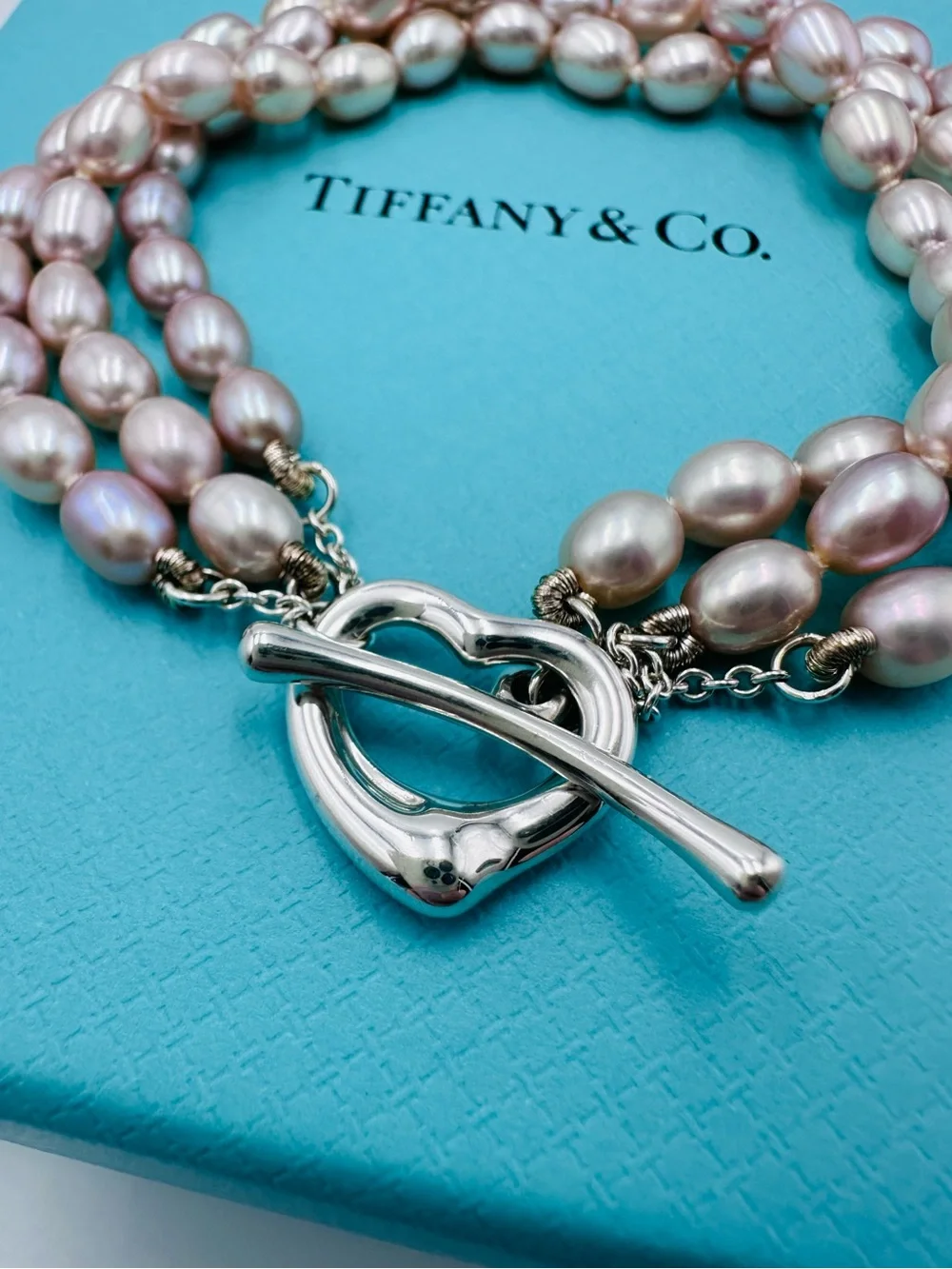 Tiffany & Co. Open Heart Pearl Toggle Bracelet in Sterling Silver with Packaging